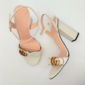 Gucci Mystic White Leather Marmont GG Gold Logo Block Heels Sandals EU 40 US 10